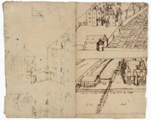 Melsungen, Landgrafenschloss, Hinterhof (recto, oben), Entwurf für eine Verbindungsgalerie (verso, rechts), Schmidtfarth an der Pfieffe, Eisenhammer (recto, unten)