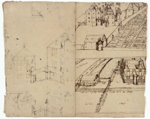 Melsungen, Landgrafenschloss, Hinterhof (recto, oben), Entwurf für eine Verbindungsgalerie (verso, rechts), Schmidtfarth an der Pfieffe, Eisenhammer (recto, unten)