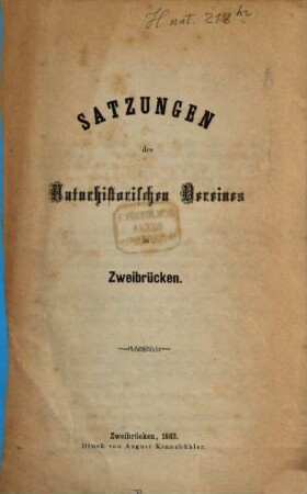 Satzungen des naturhistorischen Vereines in Zweibrücken