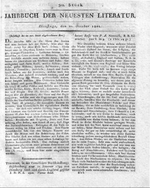 Tübingen, in der Cottaischen Buchhandlung: Beschreibung einer im Sommer 1799 von Hamburg nach und durch England geschehenen Reise von P. A. Nemnich, B. R. Licentiat. 522 S. in 8.
