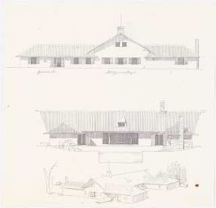 Landhaus, Nyon (Haus Schwebes, zahlreiche Varianten): Ansichten [1:100], perspektivische Ansicht