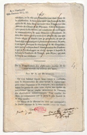 "De la Température des différentes parties de la zone torride au niveau des mers"