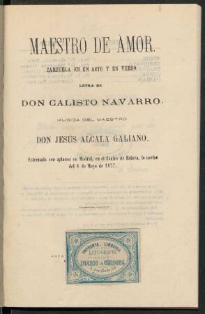 Maestro de amor : zarzuela en un acto y en verso