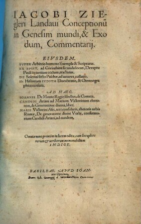 Iacobi Ziegleri Landavi Conceptionum In Genesim mundi, & Exodum, Commentarii