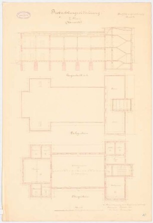 Provinzial-Irrenanstalt, Conradstein Beobachtungsabteilung III. Klasse - Männerseite: Grundriss Obergeschoss, Dachgeschoss, Längsschnitt 1:100