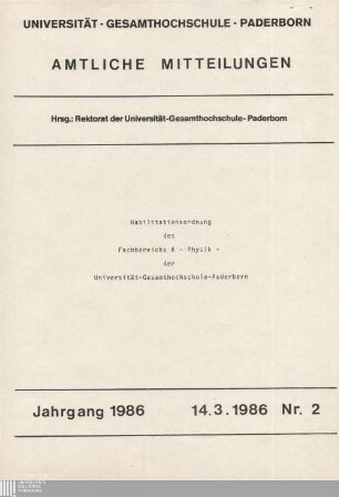 Habilitationsordnung des Fachbereichs 6 - Physik - der Universität-Gesamthochschule-Paderborn : 14.3.1986