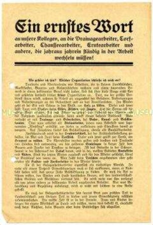 Propagandaschrift mit der Ausrichtung auf Saisonarbeiter für die gewerkschaftliche Organisation