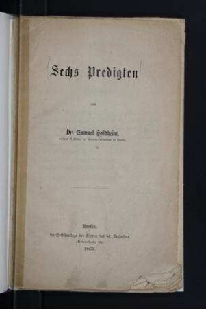 Sechs Predigten / von Samuel Holdheim