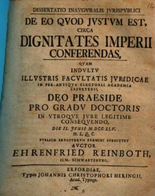 Dissertatio inavgvralis jvrispvblici de eo qvod jvstum est, circa dignitates imperii conferendas