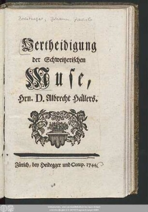 Vertheidigung der Schweitzerischen Muse, Hrn. D. Albrecht Hallers