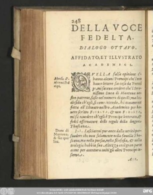 Della Voce Fedelta. Dialogo Ottavo. Affidato, Et Illustrato Academici.