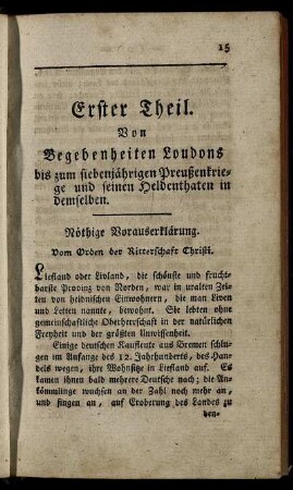 Erster Theil. Von Begebenheiten Loudons bis zum siebenjährigen Preußenkriege und seinen Heldenthaten in demselben.
