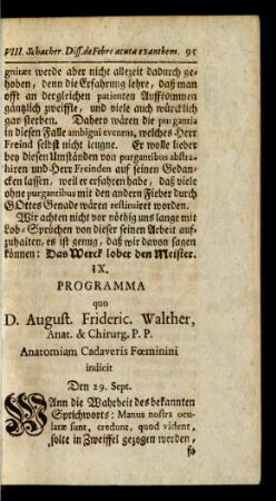 IX. Programma quo D. August. Frideric. Walther, Anat. & Chirurg. P. P. Anatomiam Cadaveris Foeminini indicit