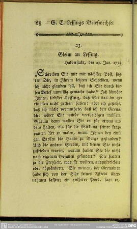 23. Gleim an Lessing. Halberstadt, den 23. Jan. 1758 [1759]