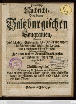 Zuverläßige Nachricht, Von denen Saltzburgischen Emigranten : Worinnen Die Ursachen, Verfolgungen, die Reisen und andere Umstände treulich beschrieben worden