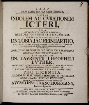 Dispvtatio Inavgvralis Medica, Sistens Indolem Ac Cvrationem Icteri