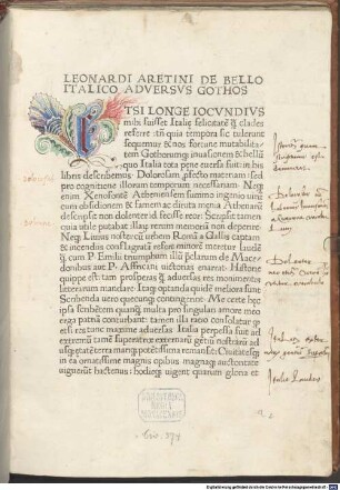 De bello Italico adversus Gothos : mit Widmungsbrief des Autors an Kardinal Giuliano Cesarini