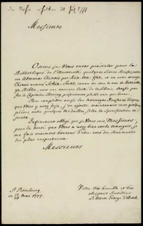 [Brief des Barons von Asch an namentlich nicht genannte(n) Adressaten vom 17./28.05.1777]