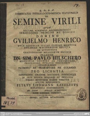 Dissertatio Physiologico-Medica Inauguralis De Semine Virili