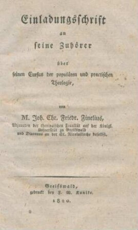 Einladungsschrift an seine Zuhörer über seinen Cursus der populären und practischen Theologie