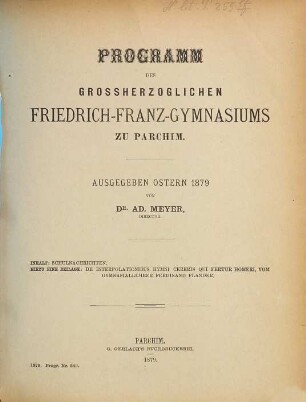 Programm des Grossherzoglichen Friedrich-Franz-Gymnasiums zu Parchim : ausgegeben Ostern .., 1878/79