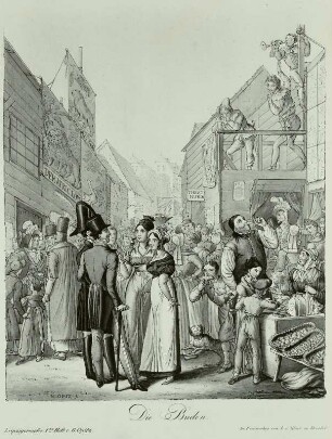 Die Buden : Opiz, Georg Emanuel: Die Buden. Aus: Leipziger Messe, Heft 1. Umrißradierung, koloriert; 28 x 24 cm. 1825. Leipzig: Stadtgeschichtliches Museum XV B KK 35