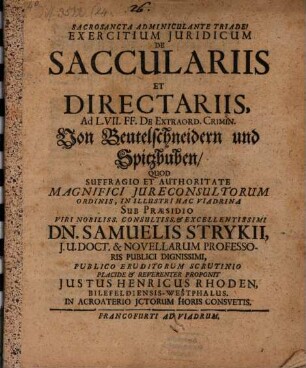 Exercitium iur. de sacculariis et directariis, von Beutelschneidern ...