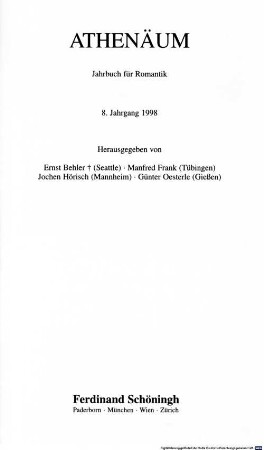 Athenäum : Jahrbuch der Friedrich Schlegel-Gesellschaft. 8, 8. 1998