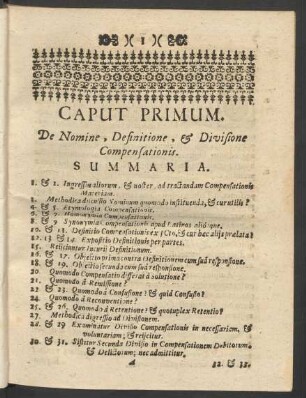 Caput Primum. De Nomine, Definitione, et Divisione Compensationis.