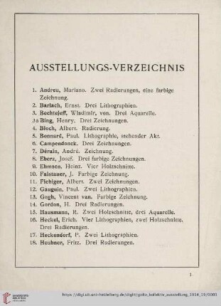 Ausstellungs-Verzeichnis (Nr. 1-80)