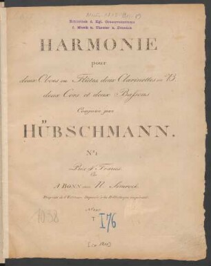 Harmonie pour deux Oboes ou Flûtes, deux Clarinettes en B. deux Cors et deux Bassons N°. 1