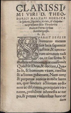 Clarissimi Viri D. Theodorici Malzani Nobilitate Generis, Sapientia, Virtute, & Eloquentia Praestatis Filio Theodorico Malzan Petrus Sickius Rensburgensis