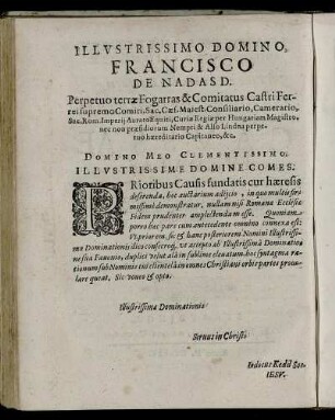 Illustrissimo Domino Francisco De Nadasd [...]