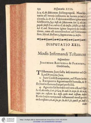 Disputatio XXII. De Modis Infirmandi Testamenti