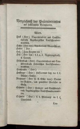 Verzeichniß der Pränumeranten auf holländische Exemplarien.
