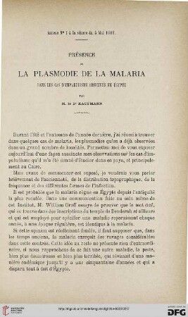 3.Ser. 4.1893: Présence de la plasmodie de la Malaria dans les cas d'Impaludisme observés en Égypte