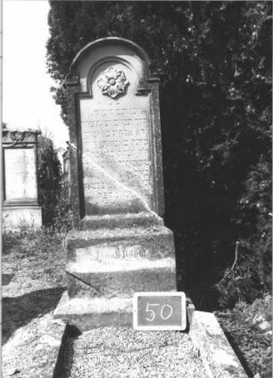 Grabstein 50 (Index: 100114014) Material: Sandstein Zustand: vor allem Sockel verwittert, gebrochen und repariert Maße HxBxT: 145x50x27 cm Beschreibung: Stele, getreppter Sockel, eingezogener Rundbogenabschluß mit Verdachung Symbolik: Blüte Steinmetz: Sieferle Lahr: Grabstein 50