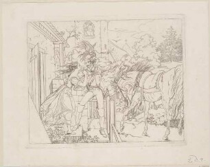 Zu Bürgers "Leonore", Blatt 4: Der gespenstische Wilhelm holt Leonore mit dem Pferd an der Haustür ab