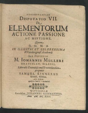 Stoicheiologias Disputatio VII. De Elementorum Actione Passione Ac Mistione