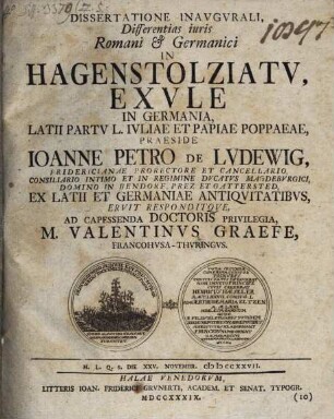Dissertatione Inaugurali, Differentiae iuris Romani & Germanici In Hagenstolziatu, Exule In Germania, Latii Partu L. Iuliae Et Papiae Poppaeae