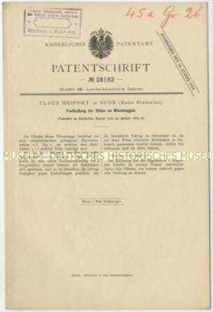 Patentschrift über die Befestigung von Zähnen an Wieseneggen, Patent-Nr. 28182