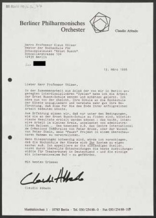 Brief an Klaus Völker an Hochschule für Schauspielkunst "Ernst Busch", 13.03.1996