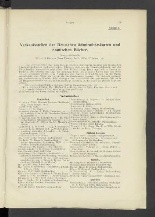 Anlage 4. Verkaufsstellen der Deutschen Admiralitätskarten und nautischen Bücher.