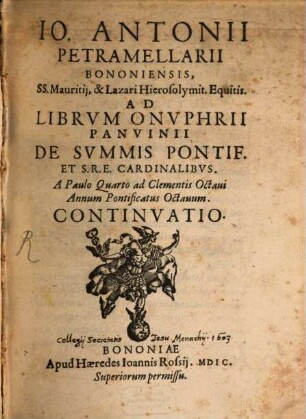 Ad librum Onuphrii Panvinii de summis pontificibus continuatio