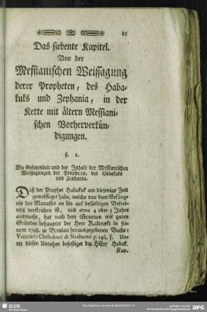 Das siebente Kapitel. Von der Messianischen Weissagung derer Propheten, des Habakuks und Zephania, in der Kette mit ältern Messianischen Vorherverkündigungen