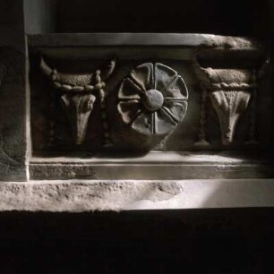 Samothrake. Heiligtum, Museum. Bukranion und Rose vom Fries des Arsinoeions