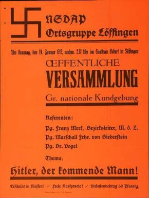Versammlung der NSDAP-Ortsgruppe Löffingen: Hitler der kommende Mann!