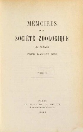 Mémoires de la Société Zoologique de France. 5. 1892