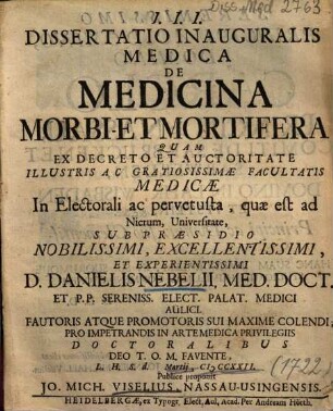 Dissertatio Inauguralis Medica De Medicina Morbi Et Mortifera