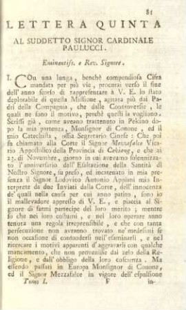 Lettera quinta al suddetto Signor Cardinale Paulucci